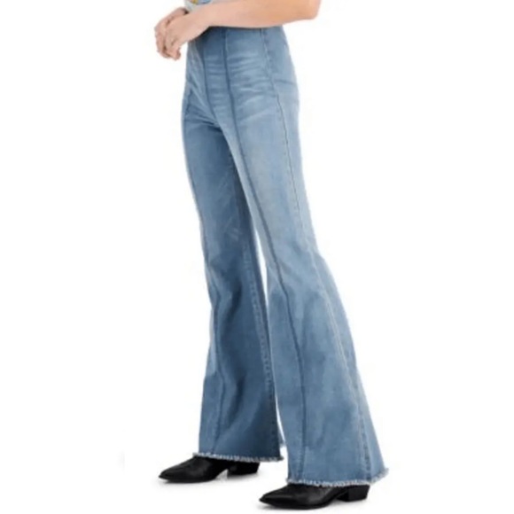 TINSELTOWN Hi-Rise Flare Denim Raw Hem Pull On Flare Jeans Size 11 Waist 30 - Picture 2 of 13